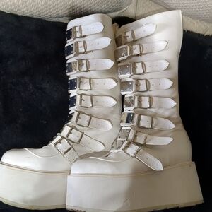 Demonia White Platform Boots with Buckle Straps